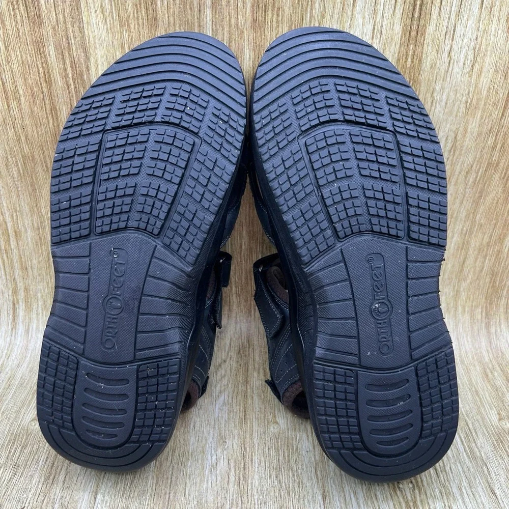 Orthofeet 561 Sandal Mens 11 2E Wide Black Brown Adjustable Strap Orthopedic